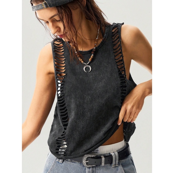Cotton Grey Distressed Tank Top Loose Fit - Picture 1 of 8
